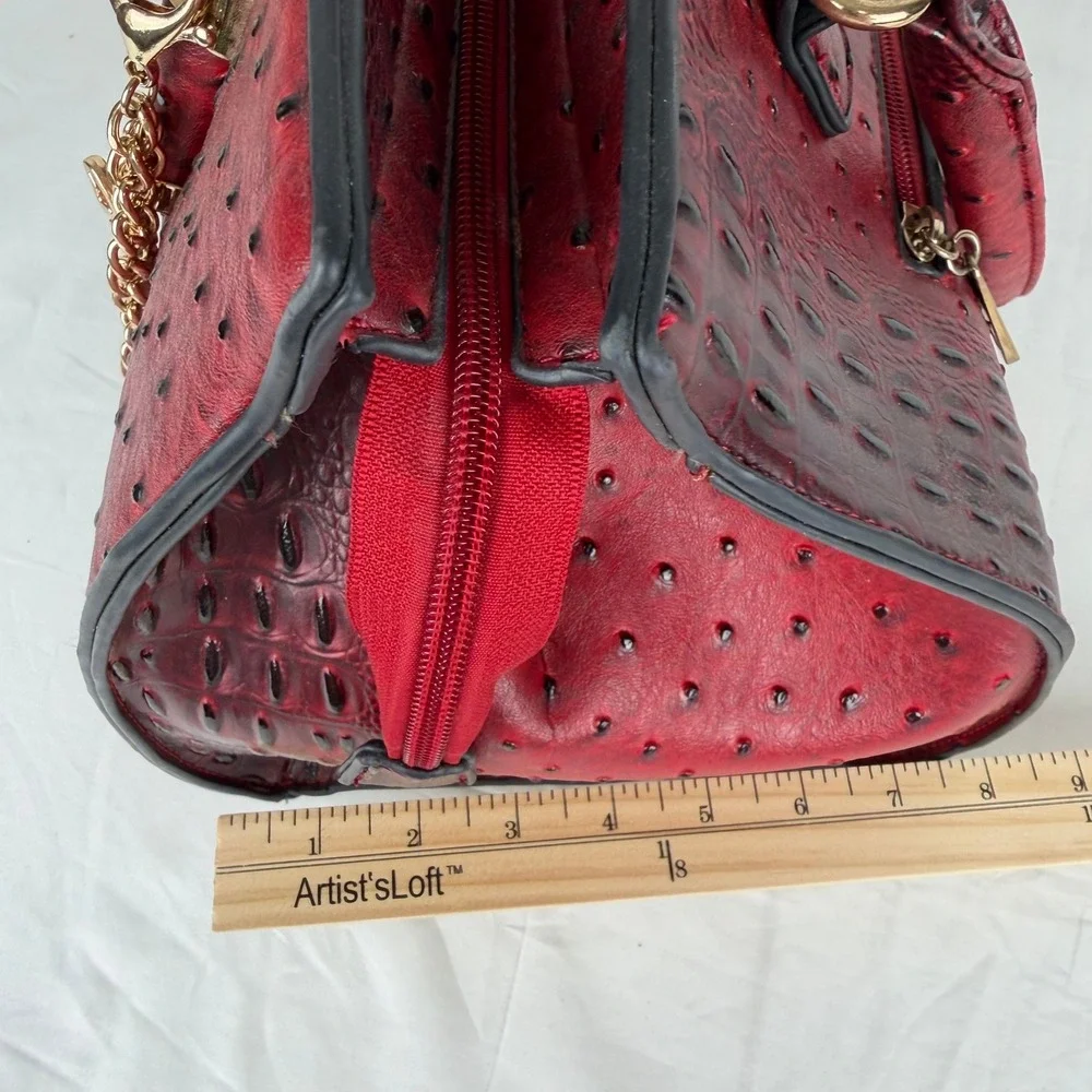 Mia K Farrow Red Ostrich Crocodile Embossed Satchel Handbag Gold Hardware